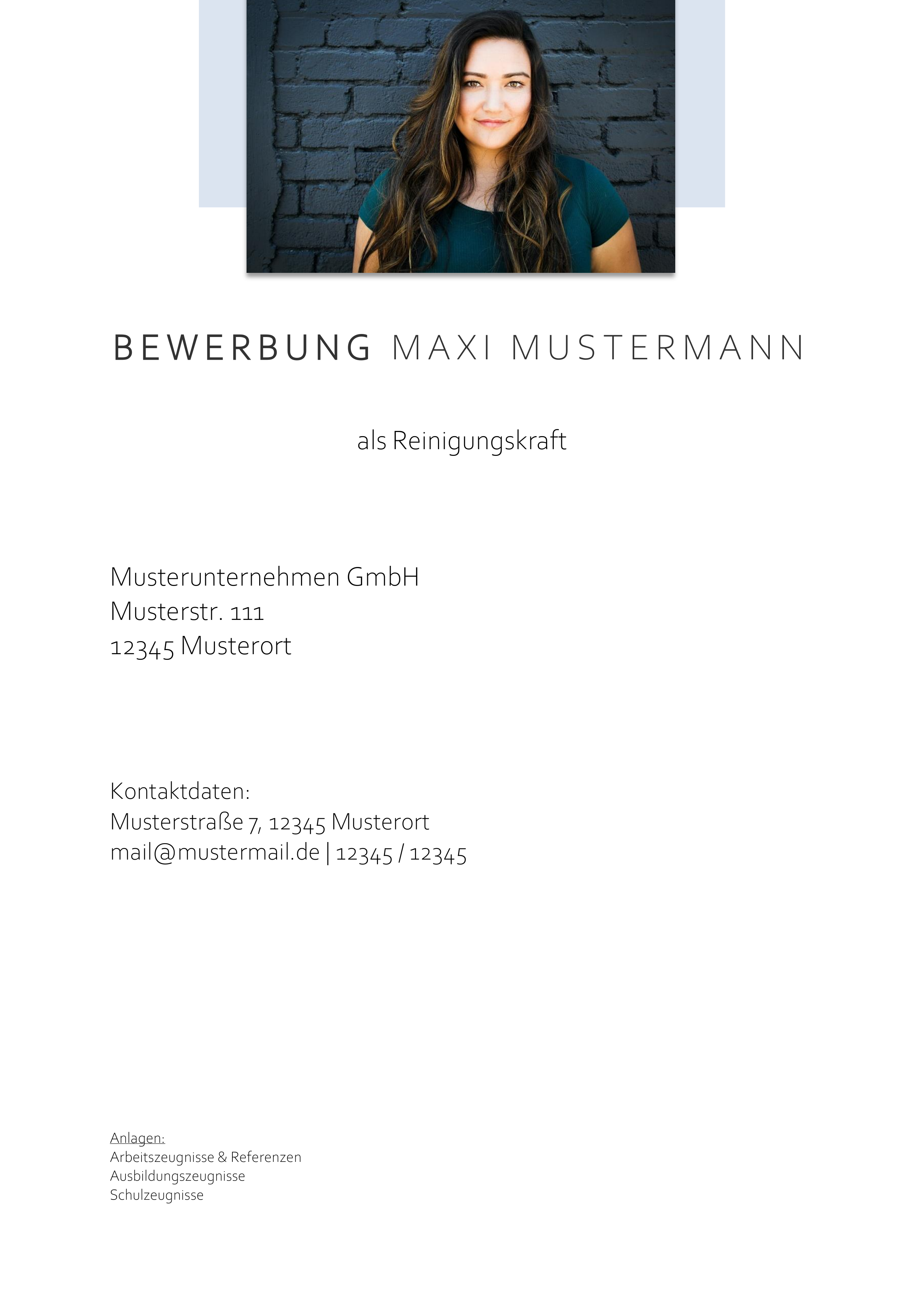 Deckblatt Muster für eine Bewerbung als Reinigungskraft.